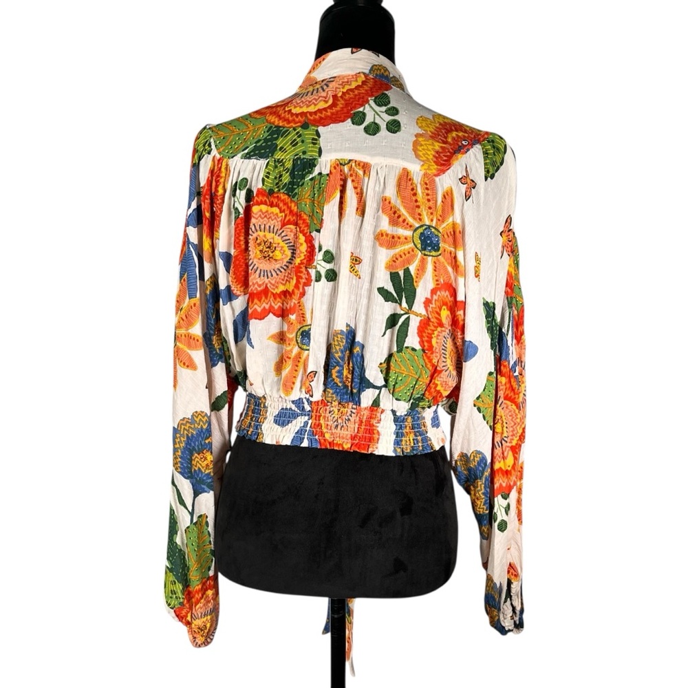 Nicole Miller Floral Boho Top Cream Orange Puff Sleeve Cottagecore Tropical - Picture 6 of 17